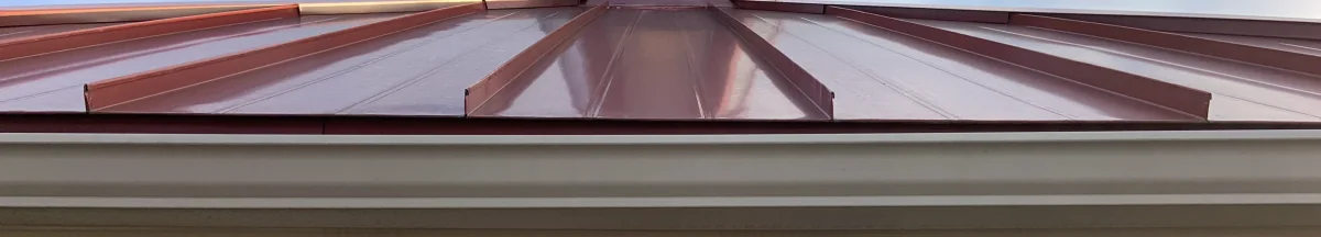 Wide shallow close-up of raised standing seams on a brown metal roof.